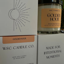 Load image into Gallery viewer, WSC Candle Co. 'Golden Hour' candle with packaging on a dark surface
