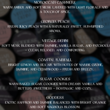 Load image into Gallery viewer, Text description of various scents with a blurred background of candle tins
