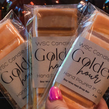 Load image into Gallery viewer, WSC Candle Co. 'Gold Hour' hand poured soy wax melt snap bars in clear packaging.
